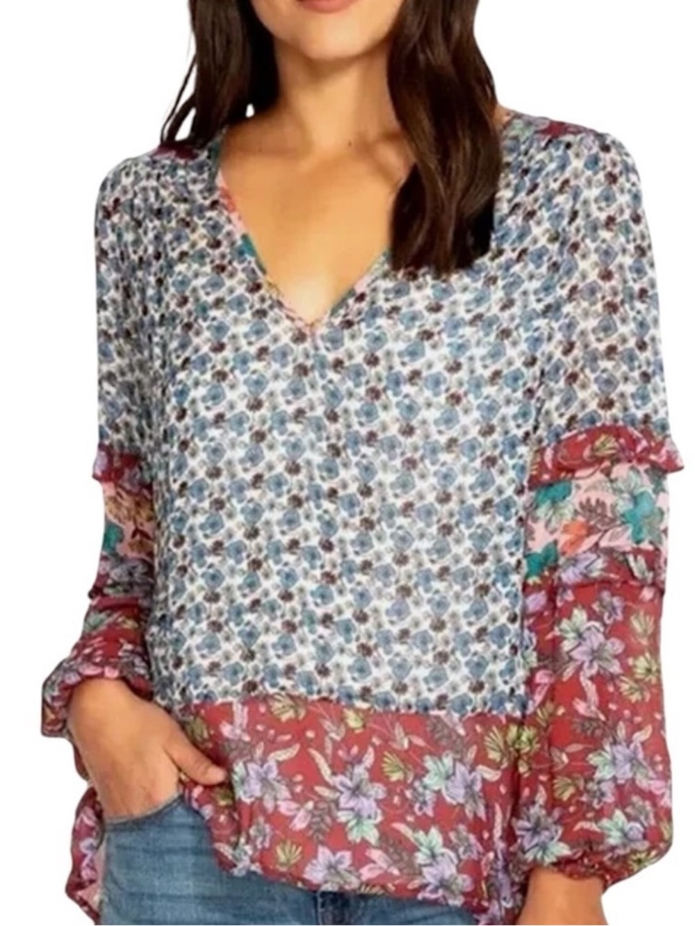 Johnny Was Rashida V-neck Georgette Blouse Top Burgundy Blue Size M